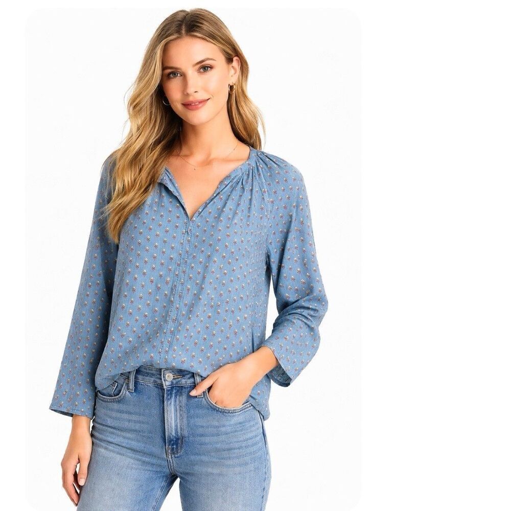 Roller Rabbit Lightweight Cotton Blue Blockprint Blouse Size XS Boho Top
